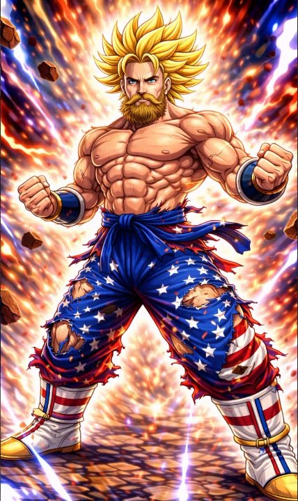 USA Saiyan brand artwork — Brendan Kelly illustrated as a Super Saiyan-style fighter in stars and stripes