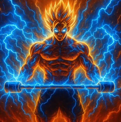 Saiyan energy training artwork — lightning aura over a barbell, signifying Brendan Kelly's record-setting strength